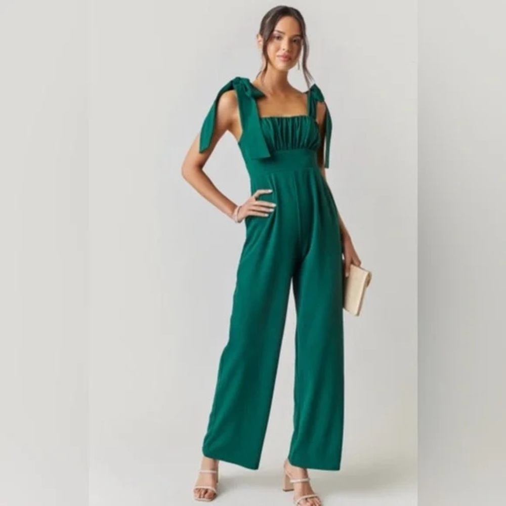 NEW Audrey Parks Francesca's Large‎ Emerald Green Shoulder Tie Jumpsuit